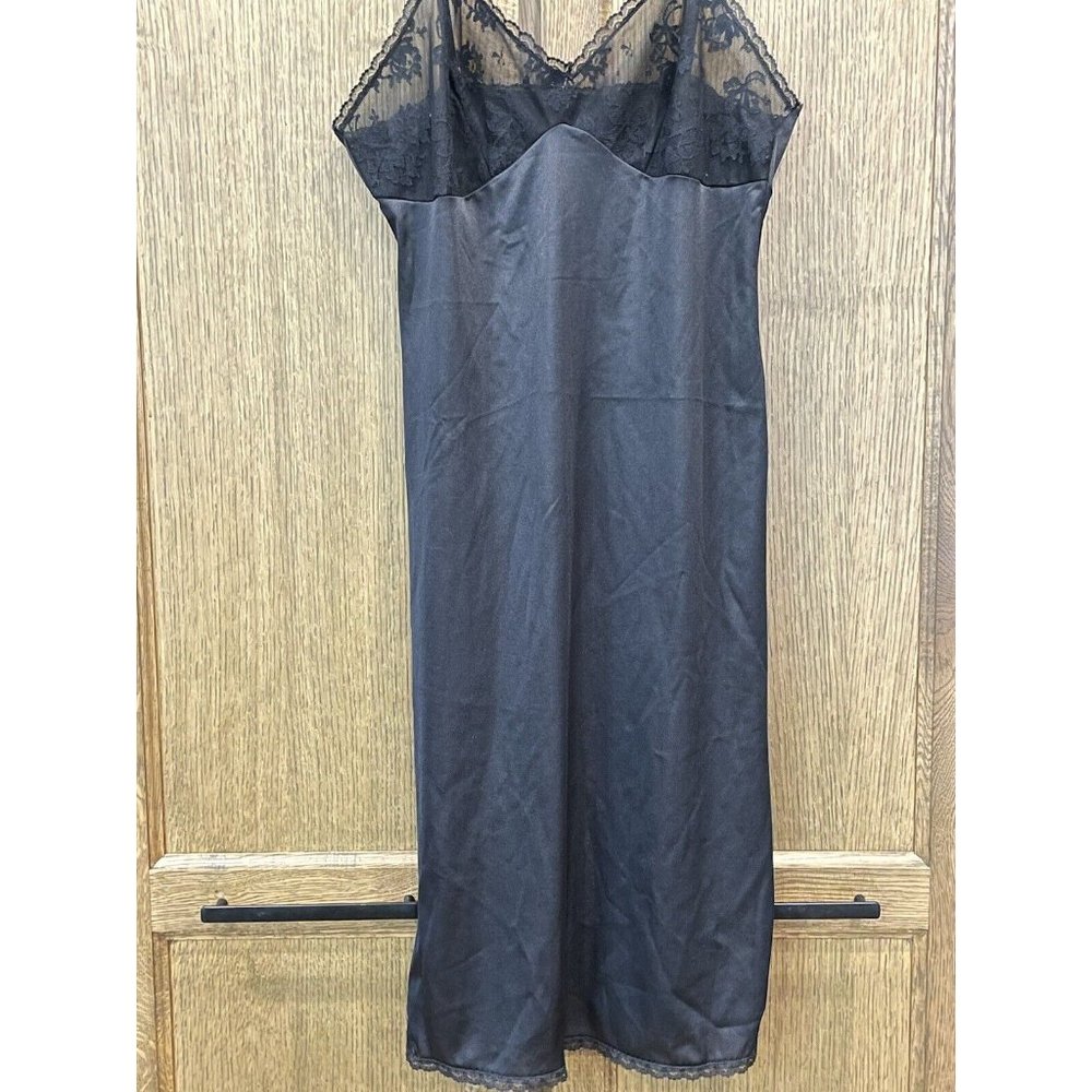 Vintage Full Slip Dress Sans Souci Black Nylon Lace Sid Slits Made USA Lingerie
